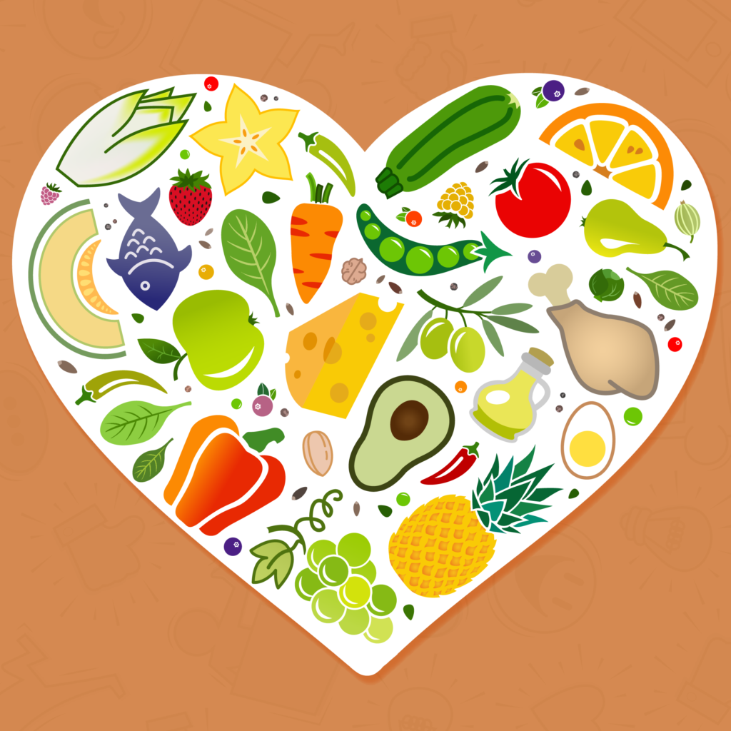 A stylised illustration of different foods in a heart shape.