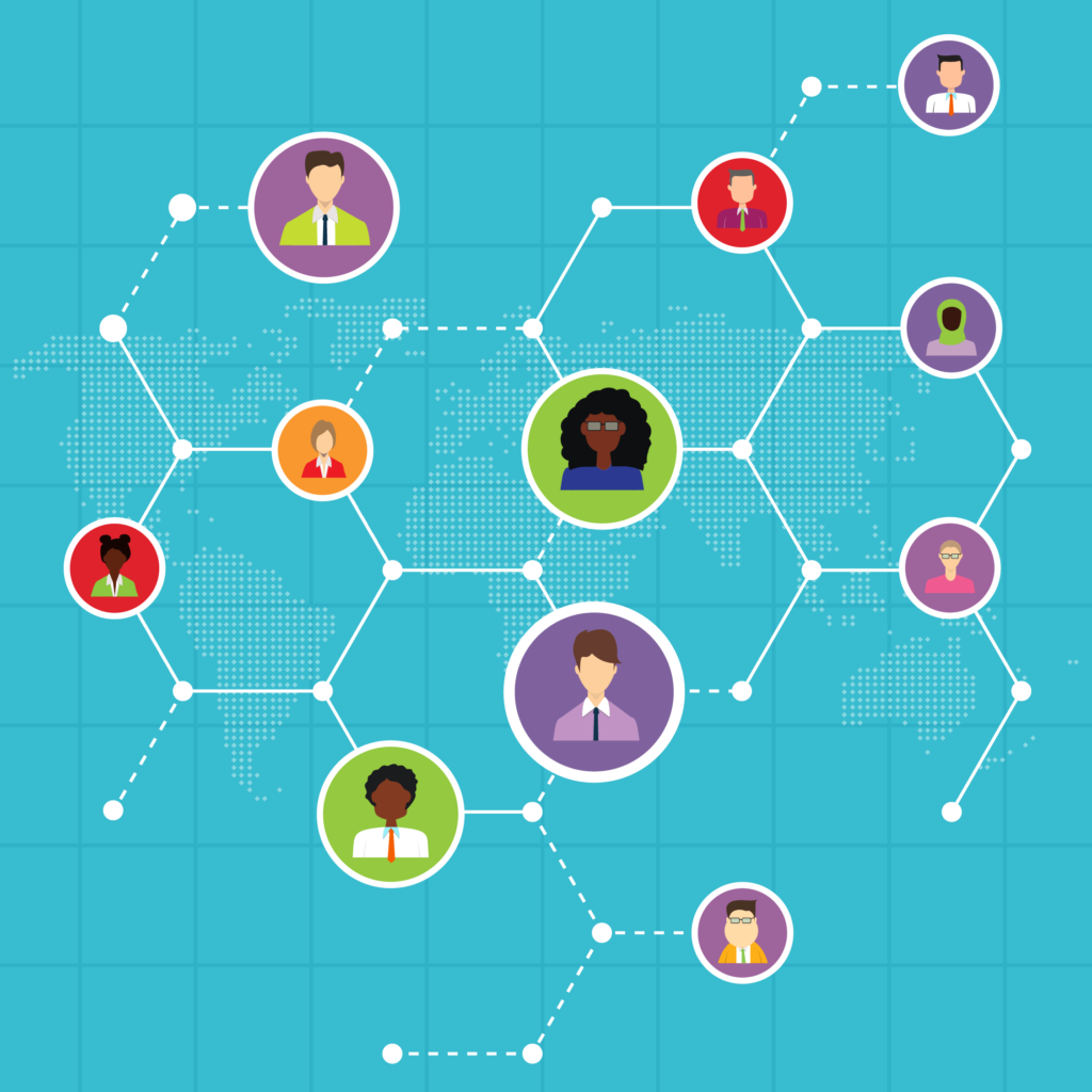 Stylised illustration of lots of different people's heads and shoulders in different coloured circles all linked up with lines.
