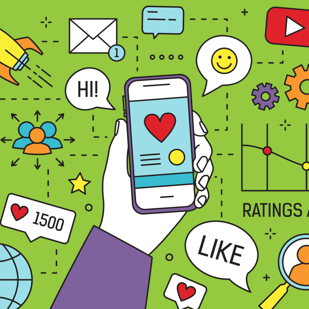 A stylised illustration of a hand holding a mobile phone, with social media icons and emojis surrounding it.