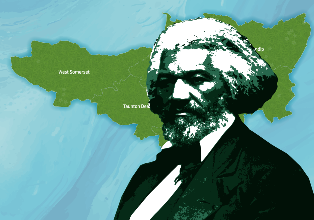 A stylised illustration of Frederick Douglass, with a map of Somerset behind him.