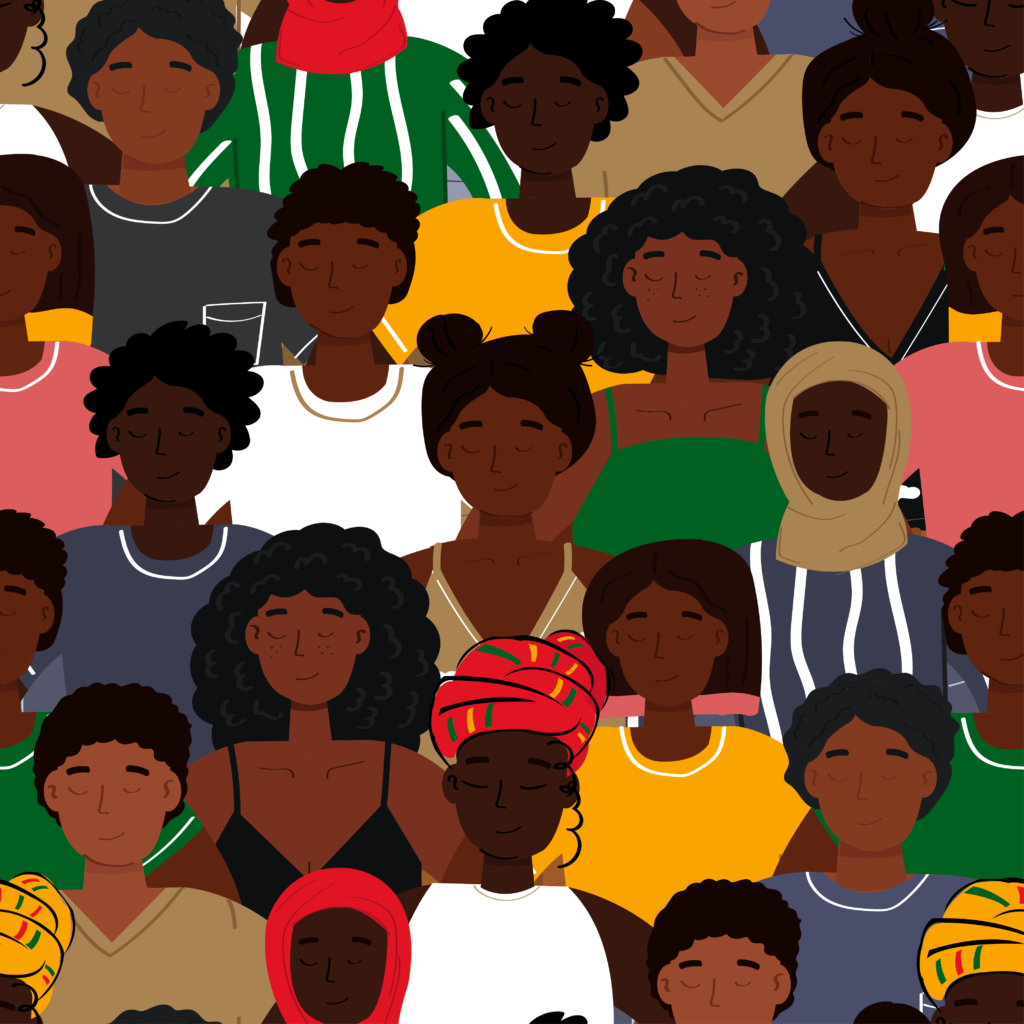 Stylised illustrations of rows of different black people to commemorate the diversity of black people for Black History Month.