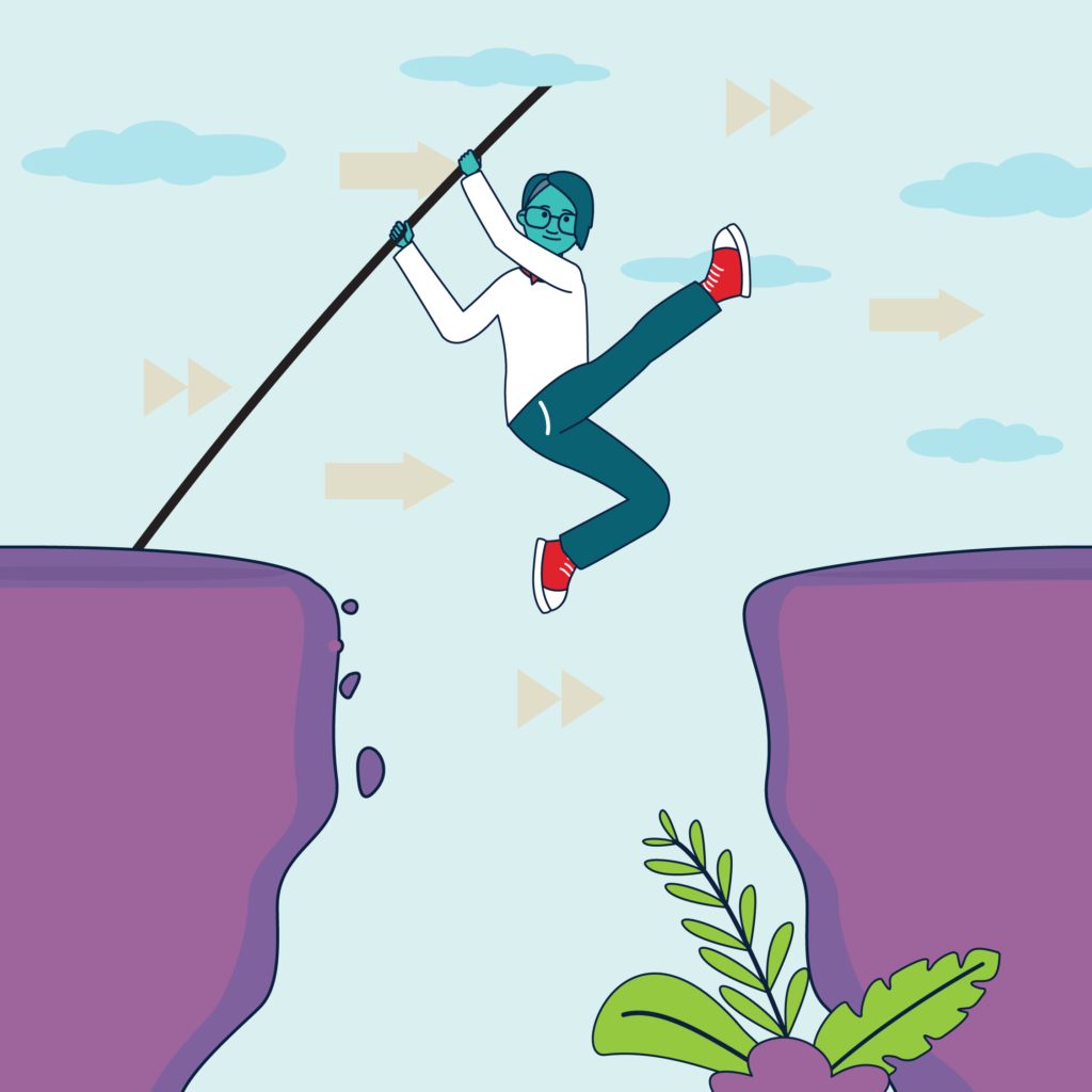 An illustration of Member of the Somerset Youth Parliament Advisory Group, Lara, pole vaulting across a gorge.