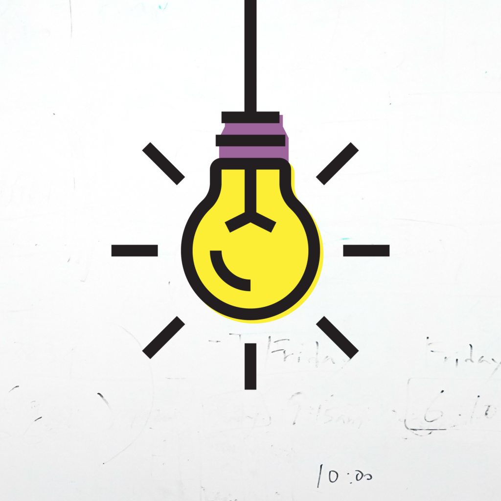 A stylised illustration of a lightbulb handing from the ceiling.