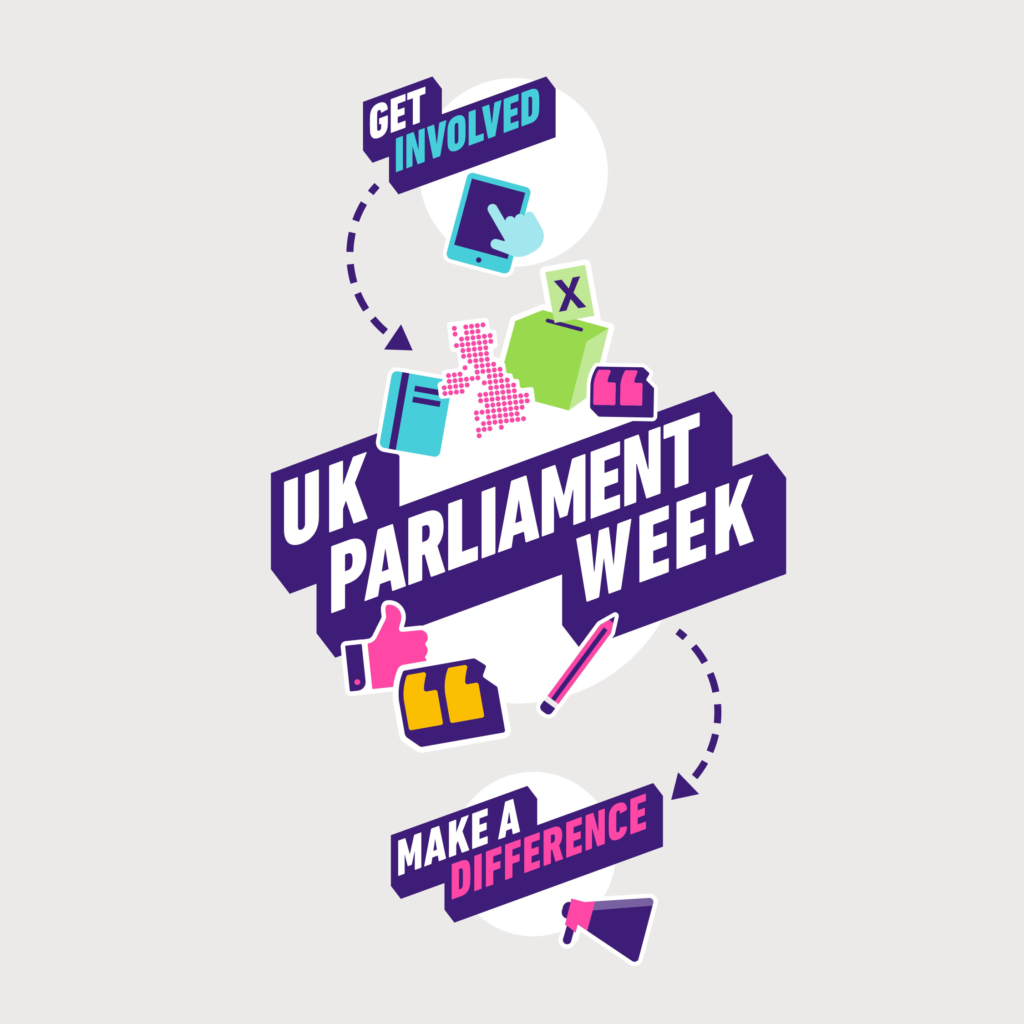 A logo with 'Get Involved', 'UK Parliament Week' and 'Make a Difference' on it, with a tablet, ballot box, notebook, thumbs up symbol, pencil and megaphone on it.