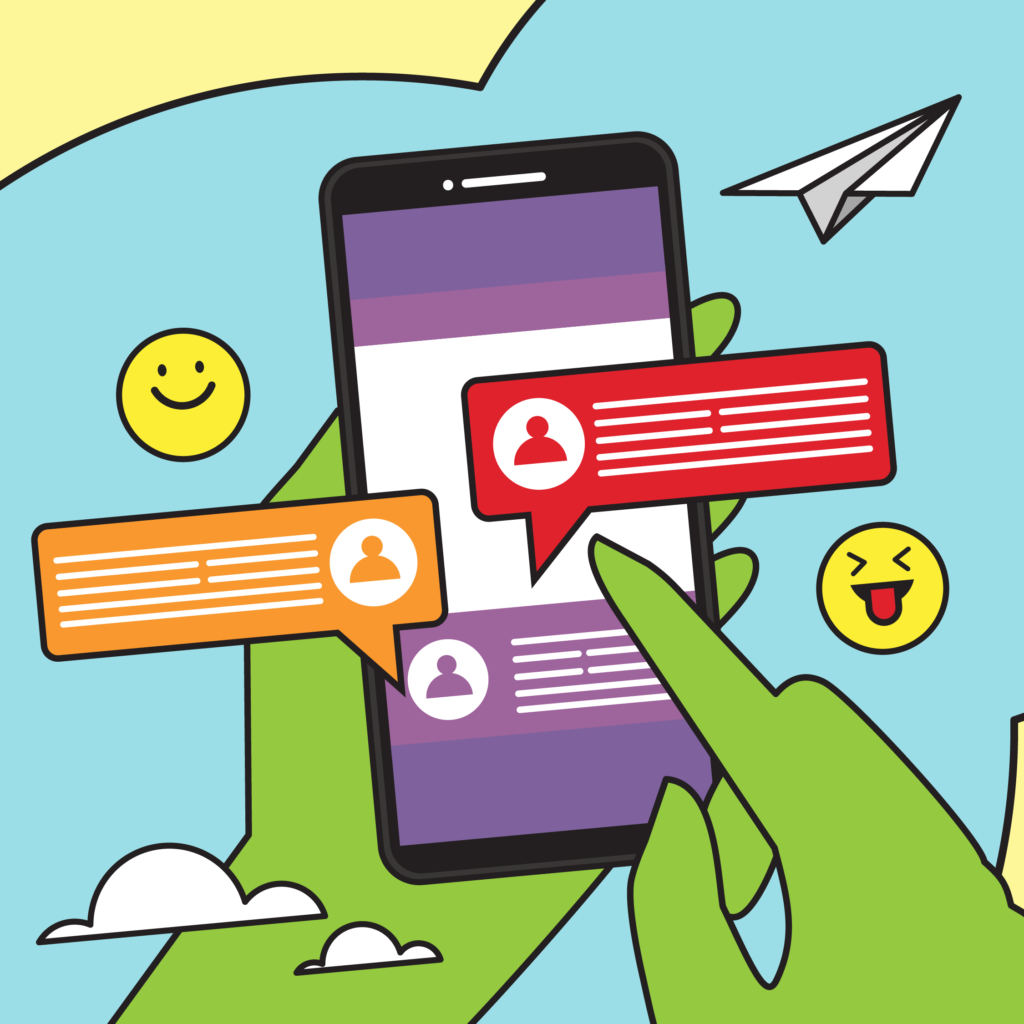 An illustration of a hand holding a mobile phone, with various phones icons and emojis floating around it.