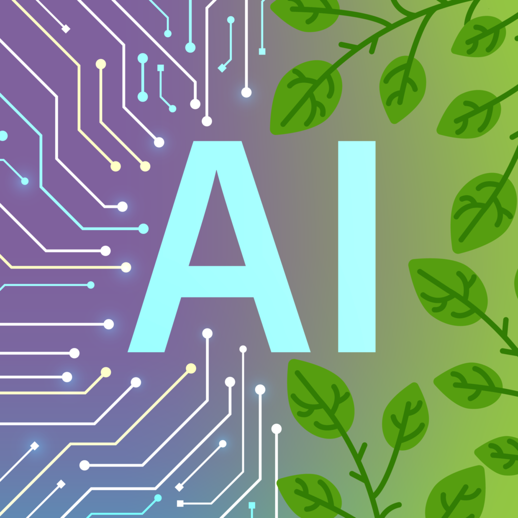 An abstract image with the letters A I in the middle, with circuits on the left and plants on the right