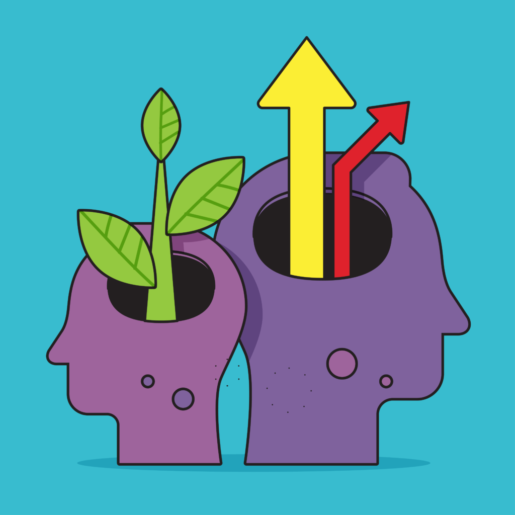 An illustration of two heads. One has a plant growing out of it and the other has two arrows pointing upwards coming out of it