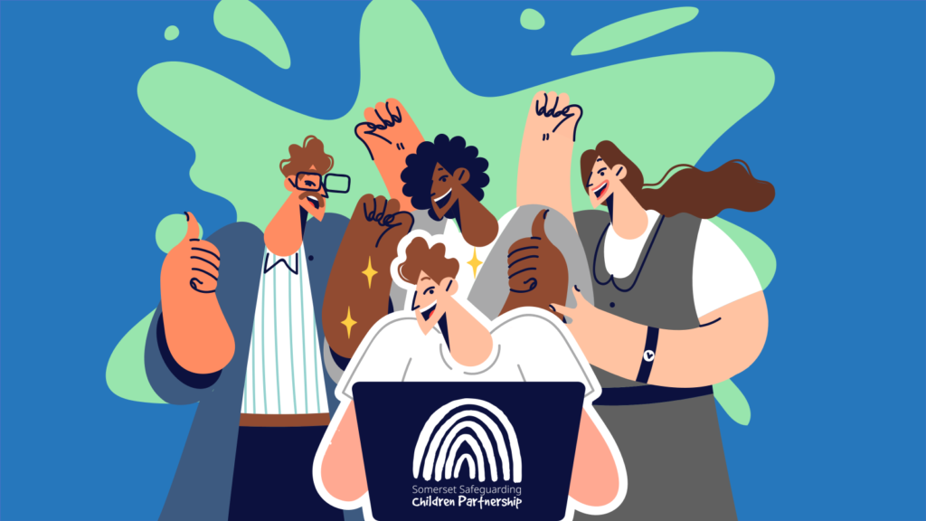 A stylised illustration of four people looking at a laptop with the Somerset Safeguarding Children Partnership on it.