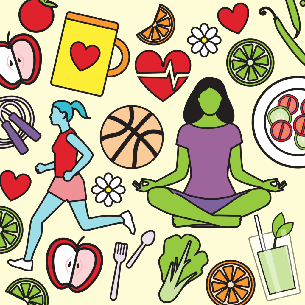 Illustrations of young women running and meditating, with healthy food, sports equipment surrounding them.