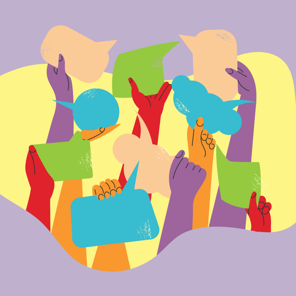 An illustration of hands holding different shaped and coloured speech bubbles