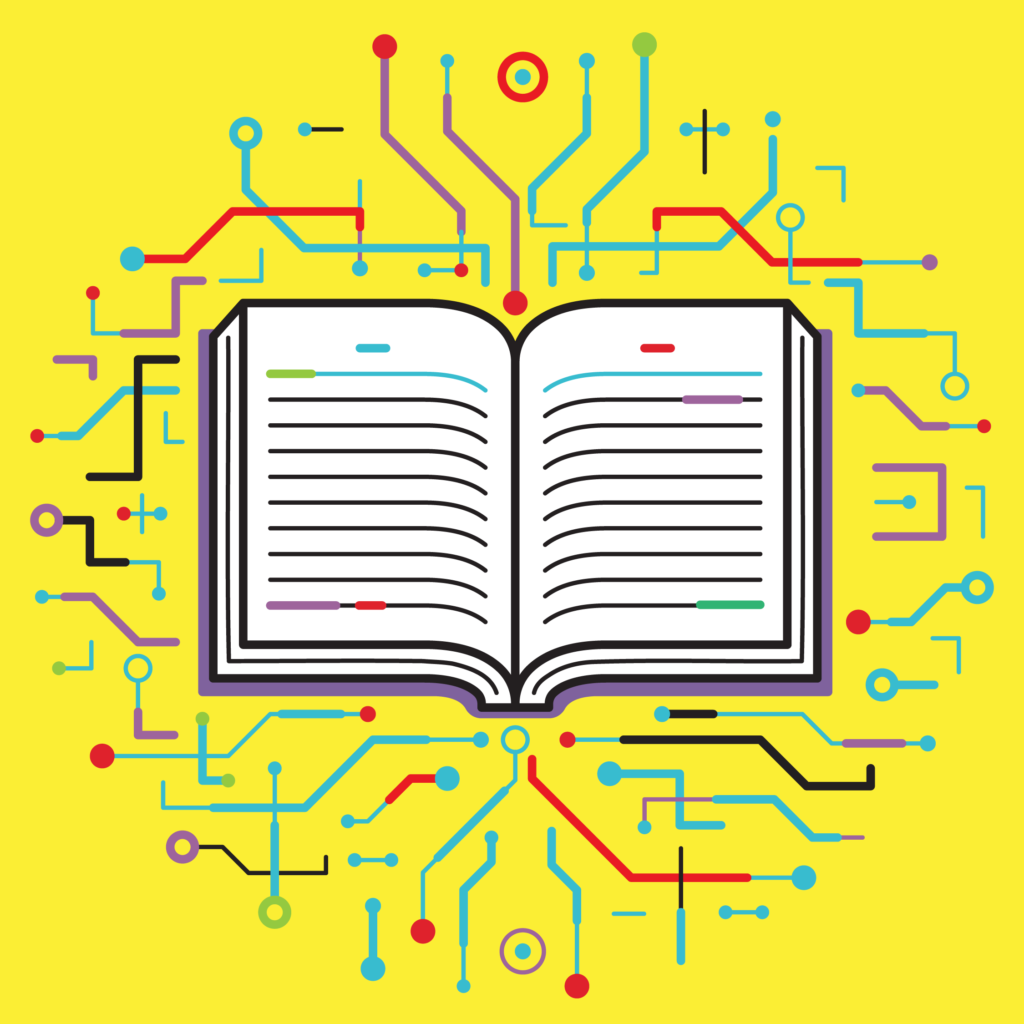 A illustration of a book with circuit board elements radiating off of it.