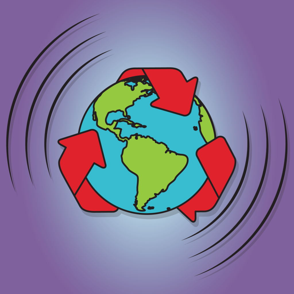 An illustration of the planet Earth, with recycling arrows around it.