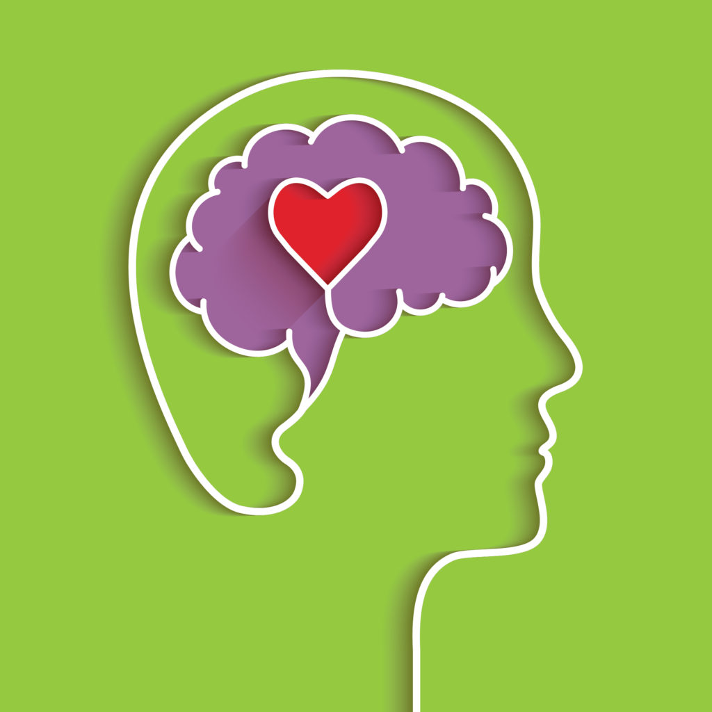 A illustration of an outline of a head in profile view, and a brain with a heart in the center