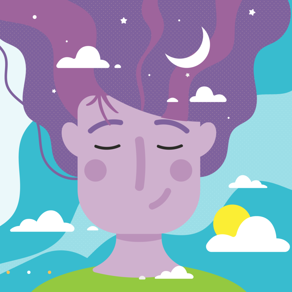 A illustration of a young woman with flowing hair, and the sun, clouds, moon and stars are floating around her.