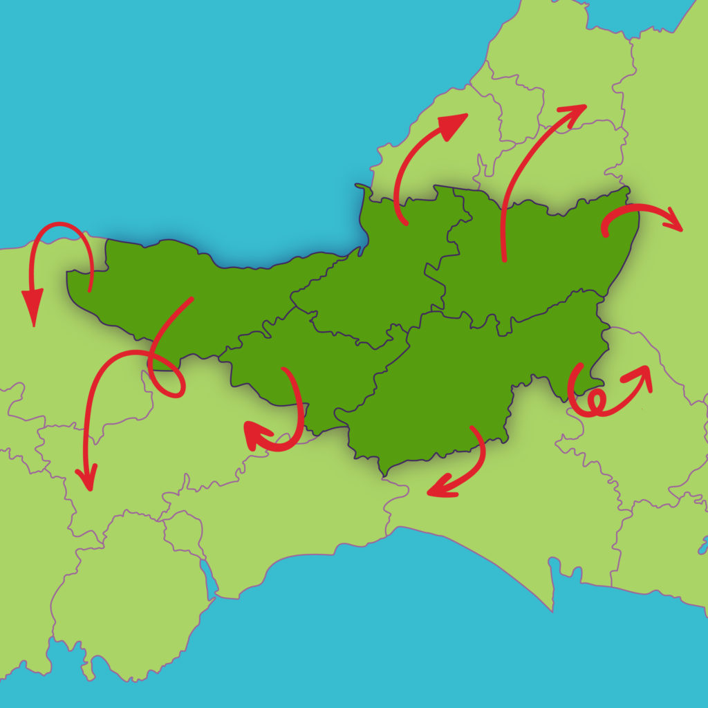 An illustration of a map of Somerset with arrows coming from it pointing to other counties in all directions