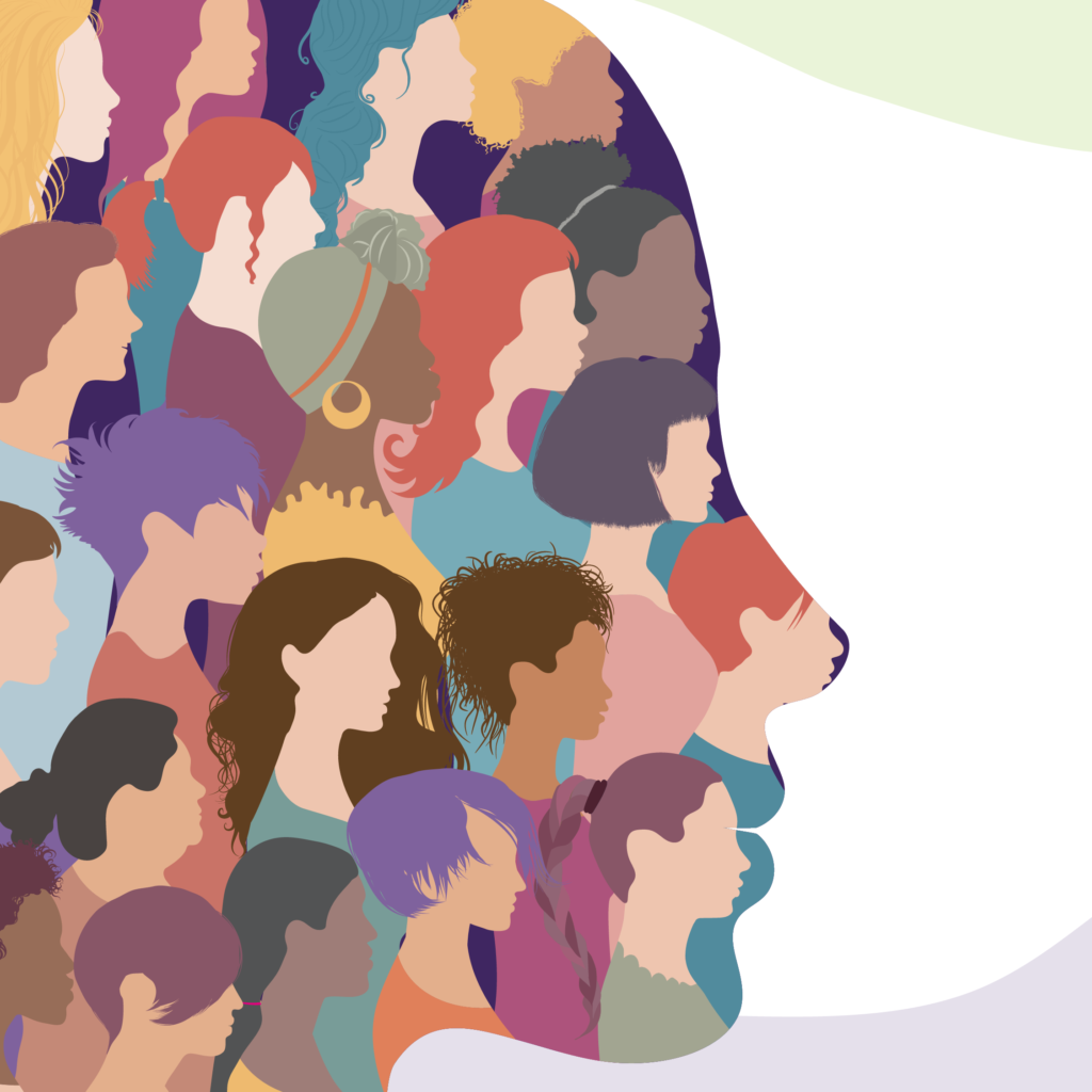 An illustration of a diverse group of female faces in profile view, which together form the shape of the profile of a woman's face.