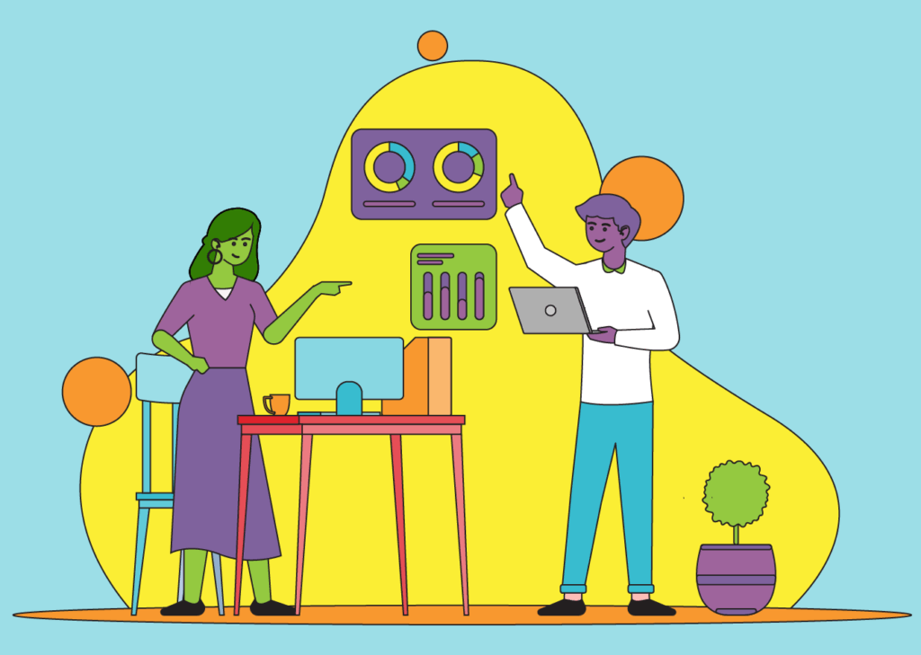 An illustration of two young people discussing work, with charts and graphs all around them