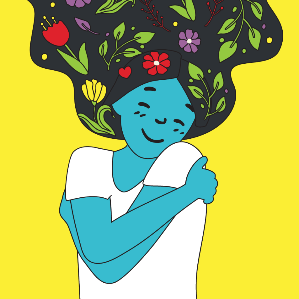 An illustration of a young woman giving herself a hug as plants grow in her flowing hair
