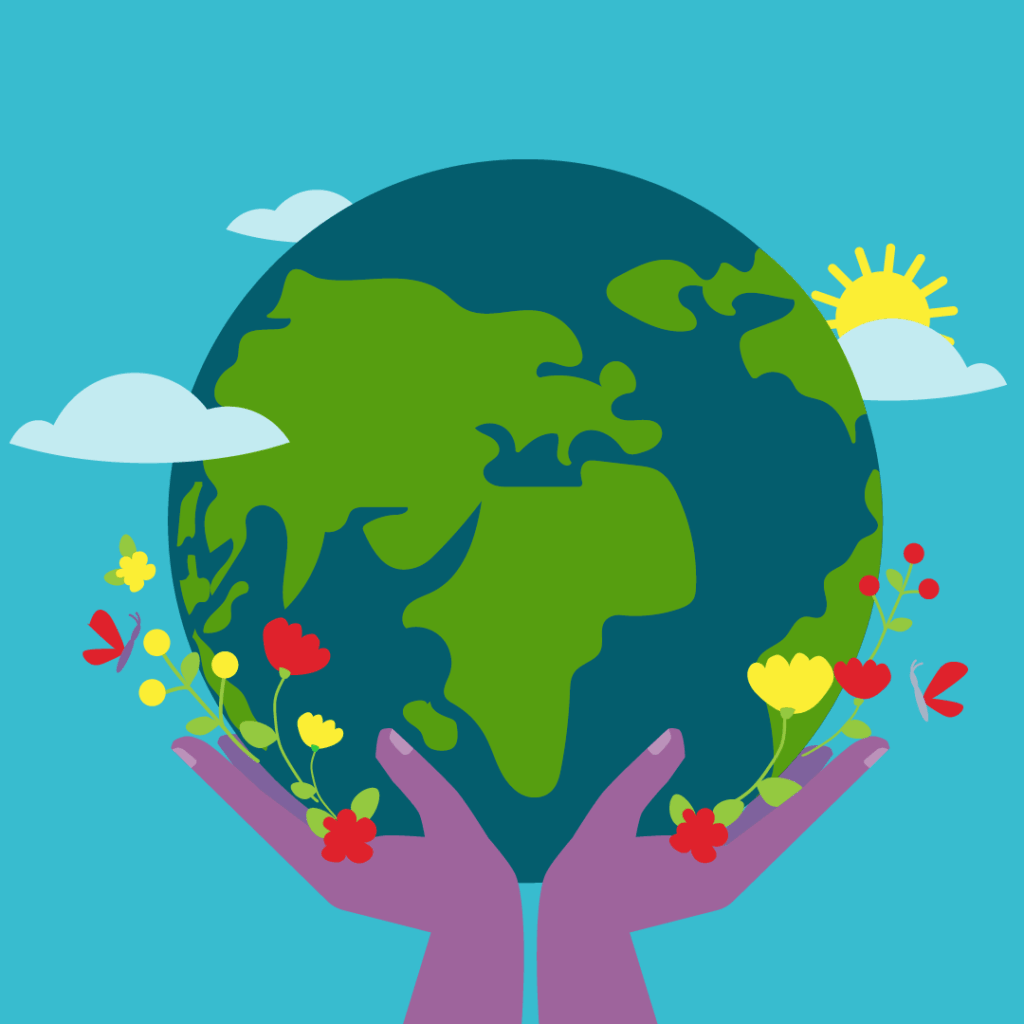 An illustration of hands holding the planet Earth, surrounded by flowers clouds and the sun
