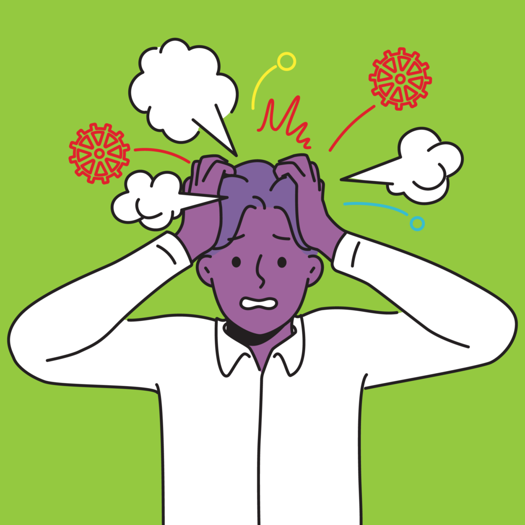 An illustrated character clutches their head, with an anguished expression on their face, while explosions and cogs explode out of their head.