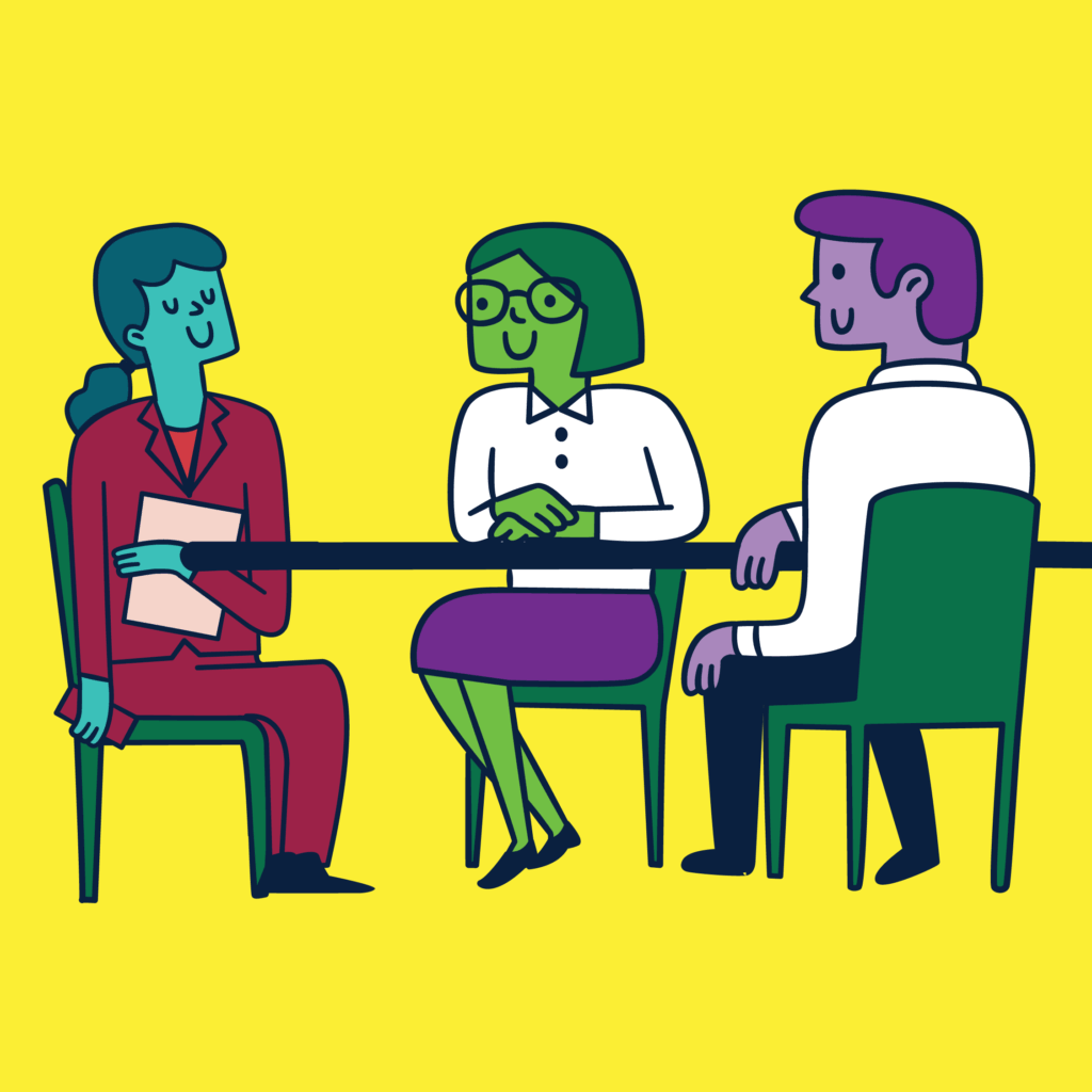 An illustration of a young person with long hair in a pony tail being interviewed by two adults