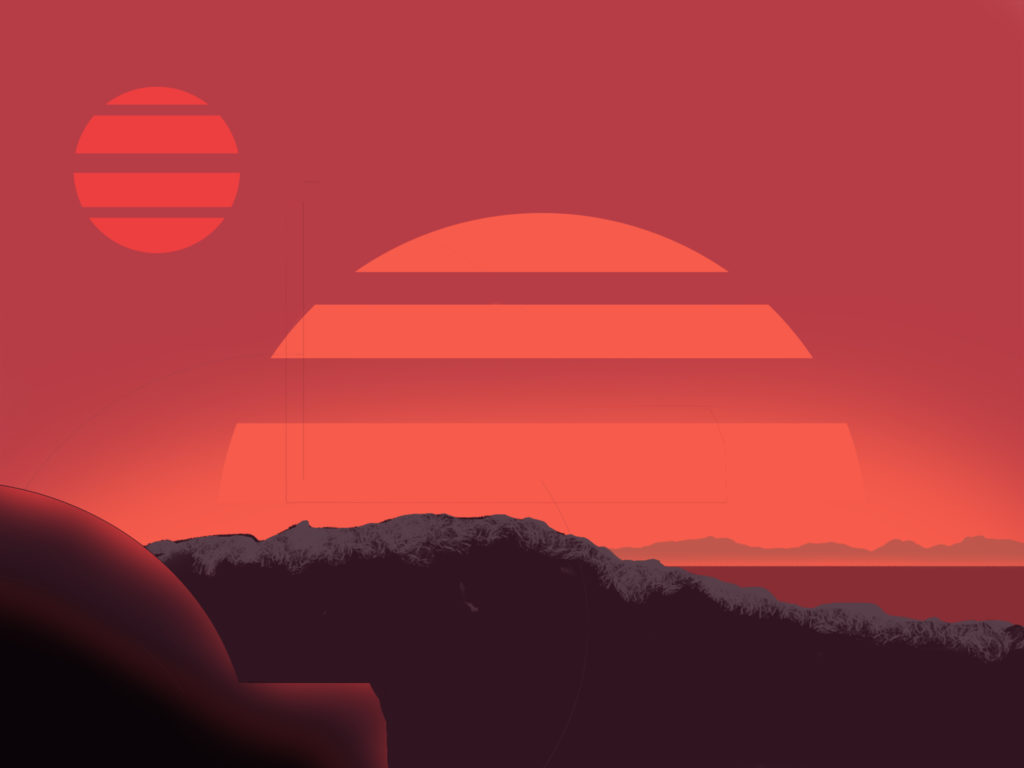 An abstract image of twin suns setting on a desert planet