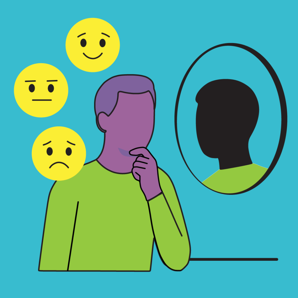 An illustration of someone looking in the mirror at their reflection, with emojis around him symbolising emotional self-awareness