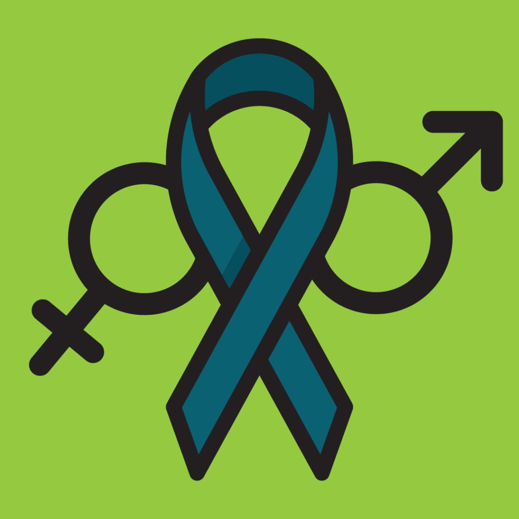 An illustration of a teal ribbon and the symbol for male and female