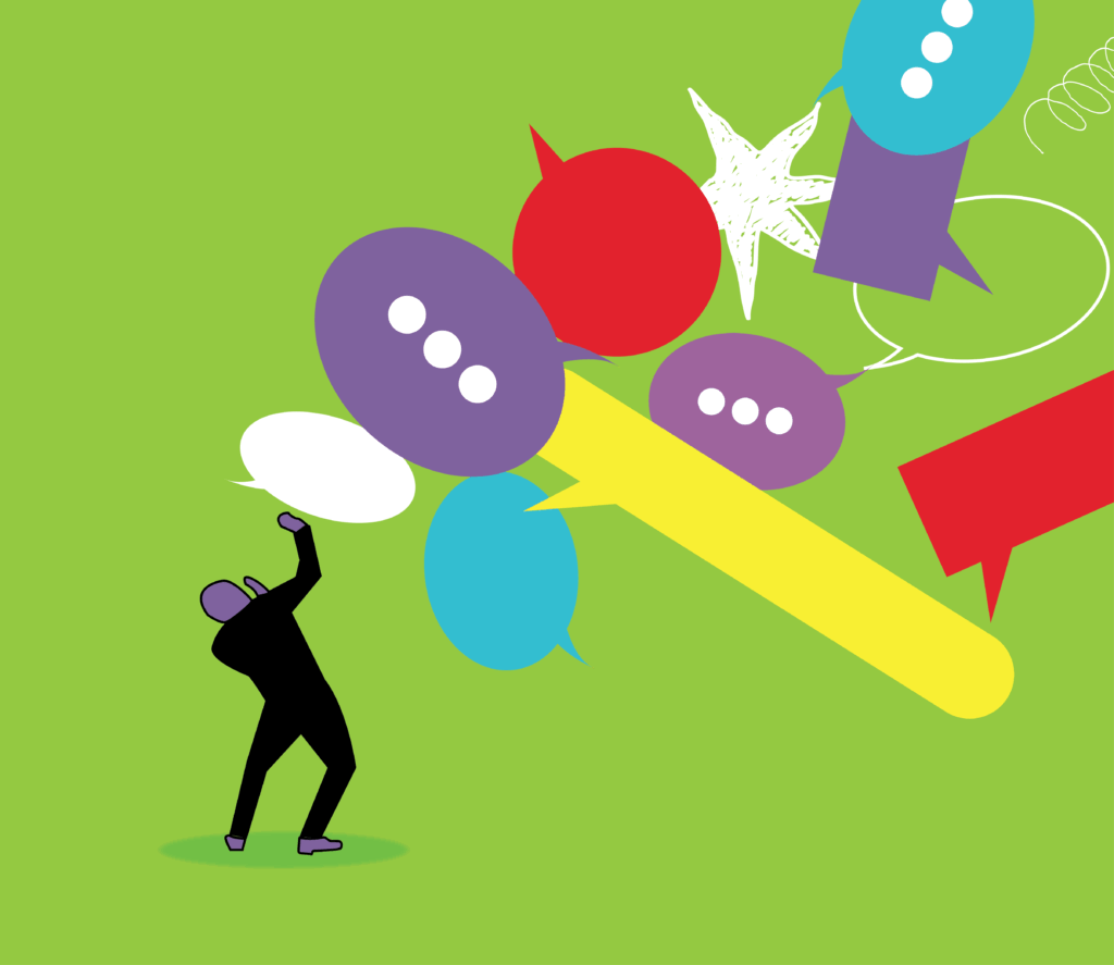 An illustration of a man being attacked by speech bubbles and text chat icons