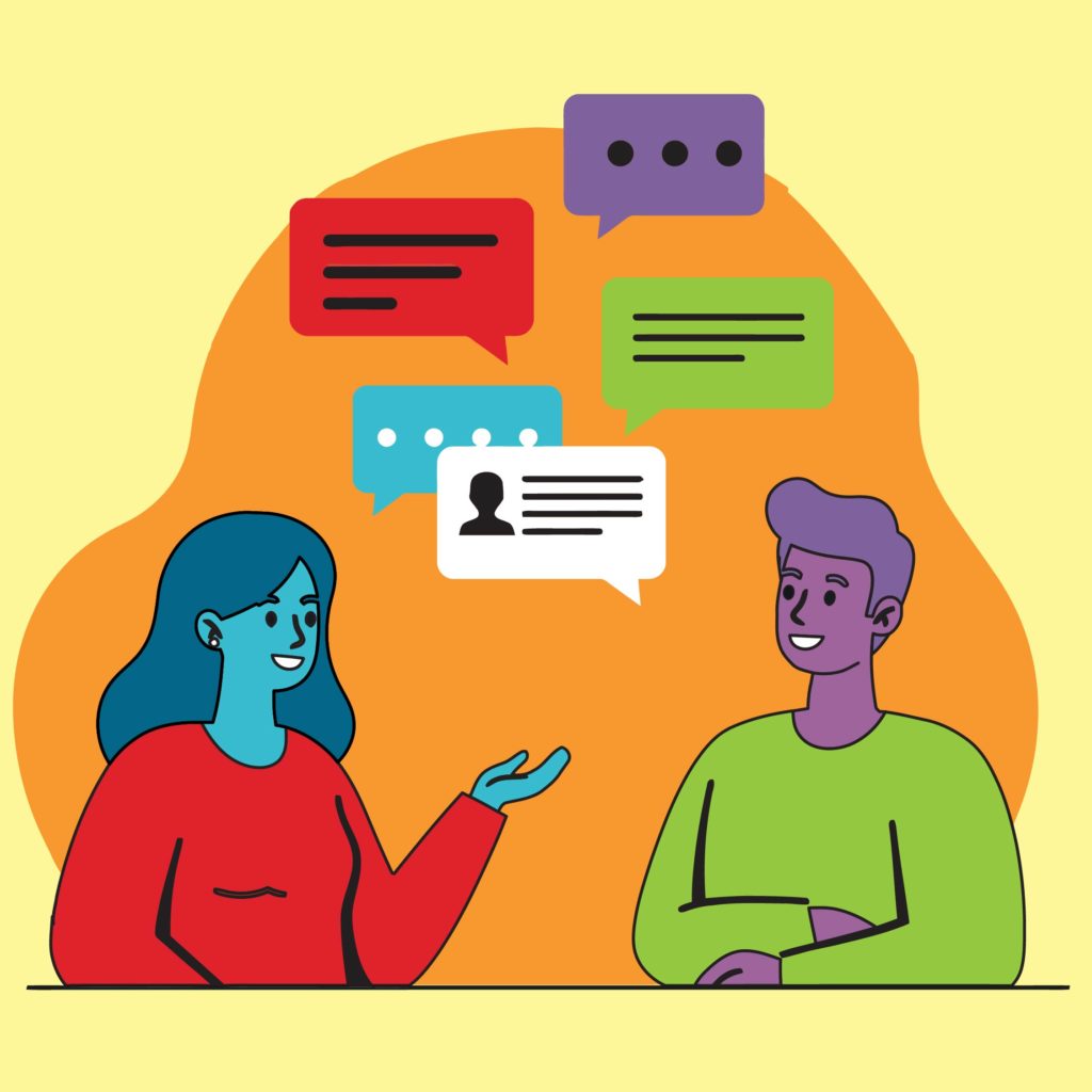 Two people debating with speech bubbles above their heads