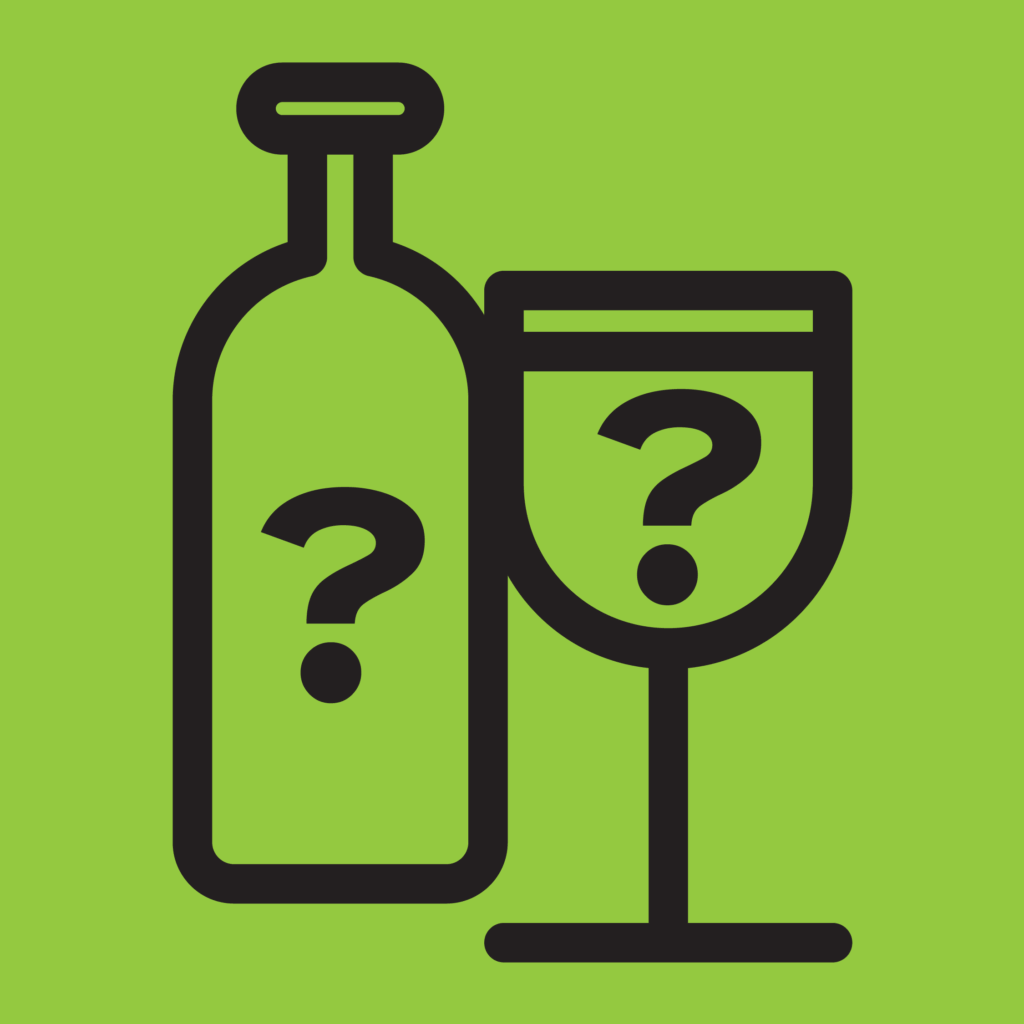 Outlines of a bottle and a wine glass with question marks inside them