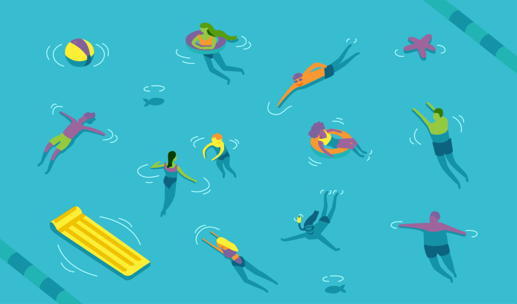 Illustration of characters swimming