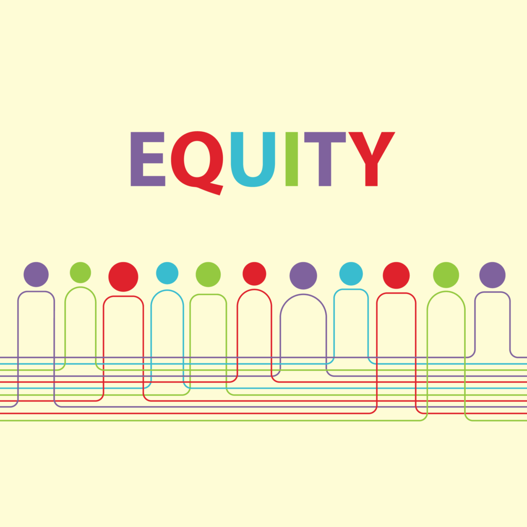 Line outlines of people and the word Equity