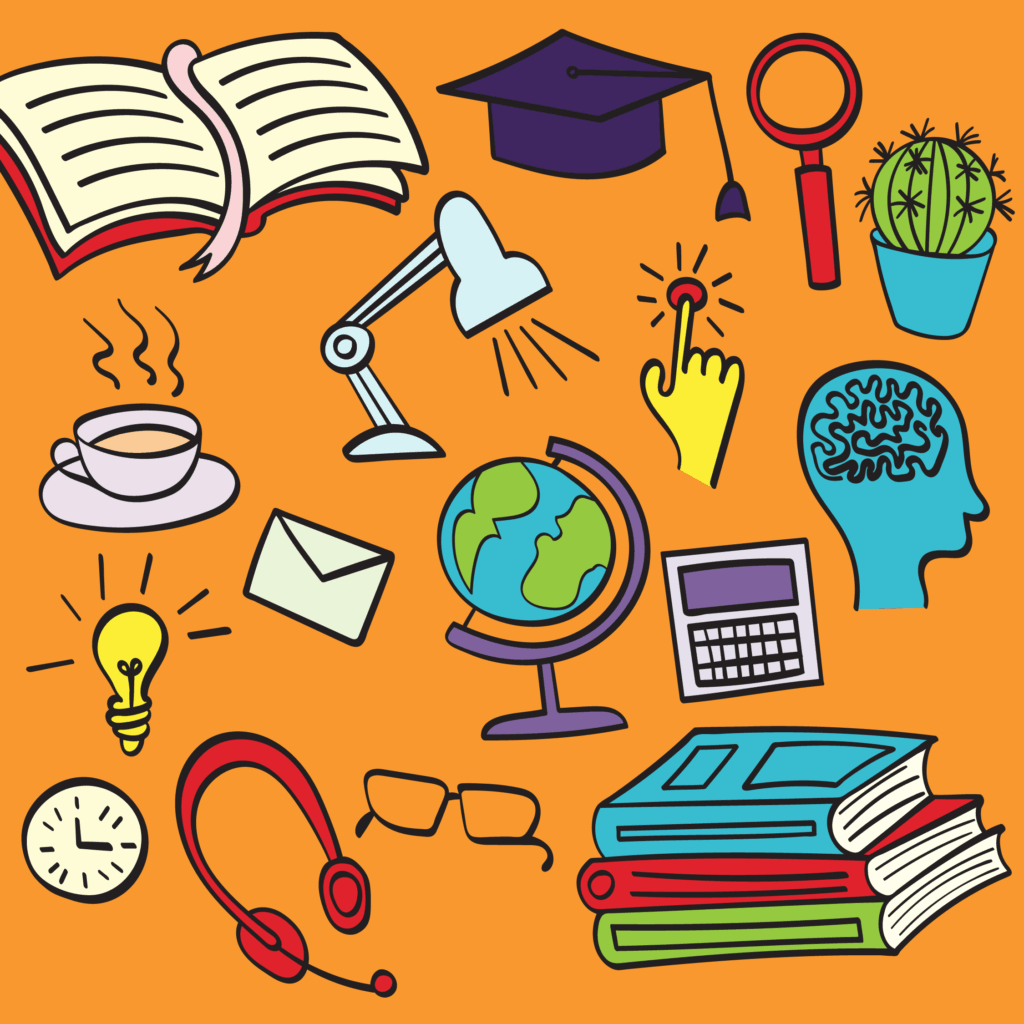 A series of items: an open book, a teachers cap, a magnifying glass, a cactus, a cup of tea, a lamp, a finger pressing a button, a head with brains, an envelope, a globe, a calculator, a bulb, a clock, headphones, glasses and books.