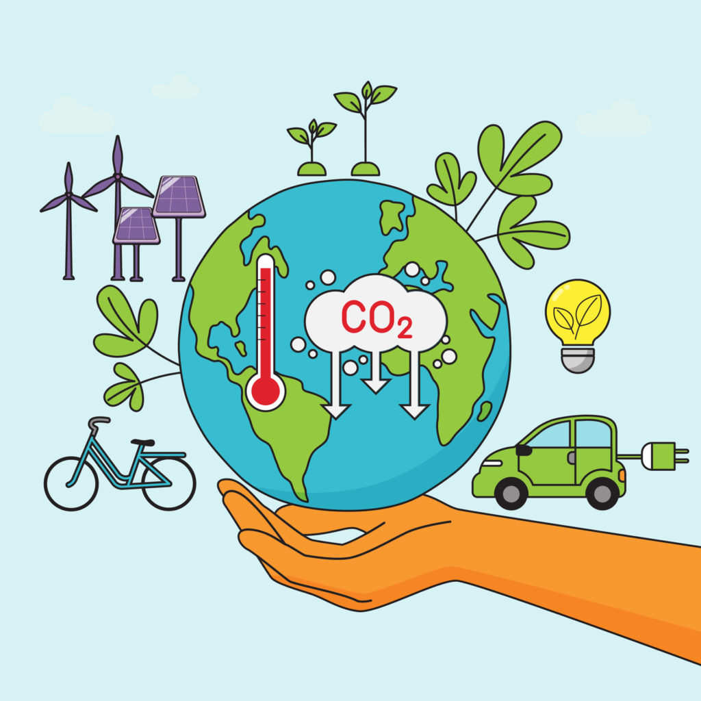 An illustration of a hand holding the Earth, with elements of climate change around it, including wind turbines, and electric car, plants and CO2.