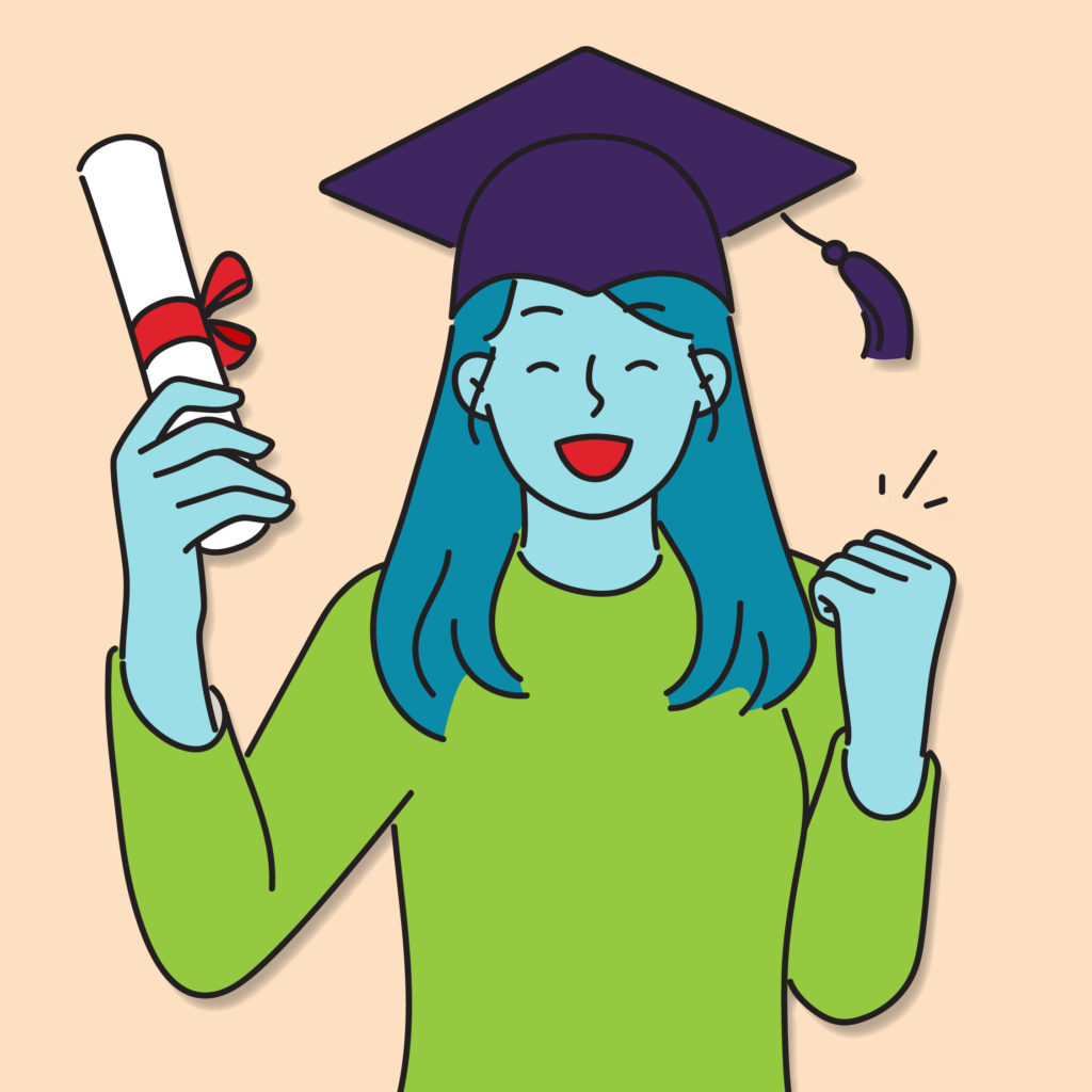 A young person holding their diploma and a teacher hat
