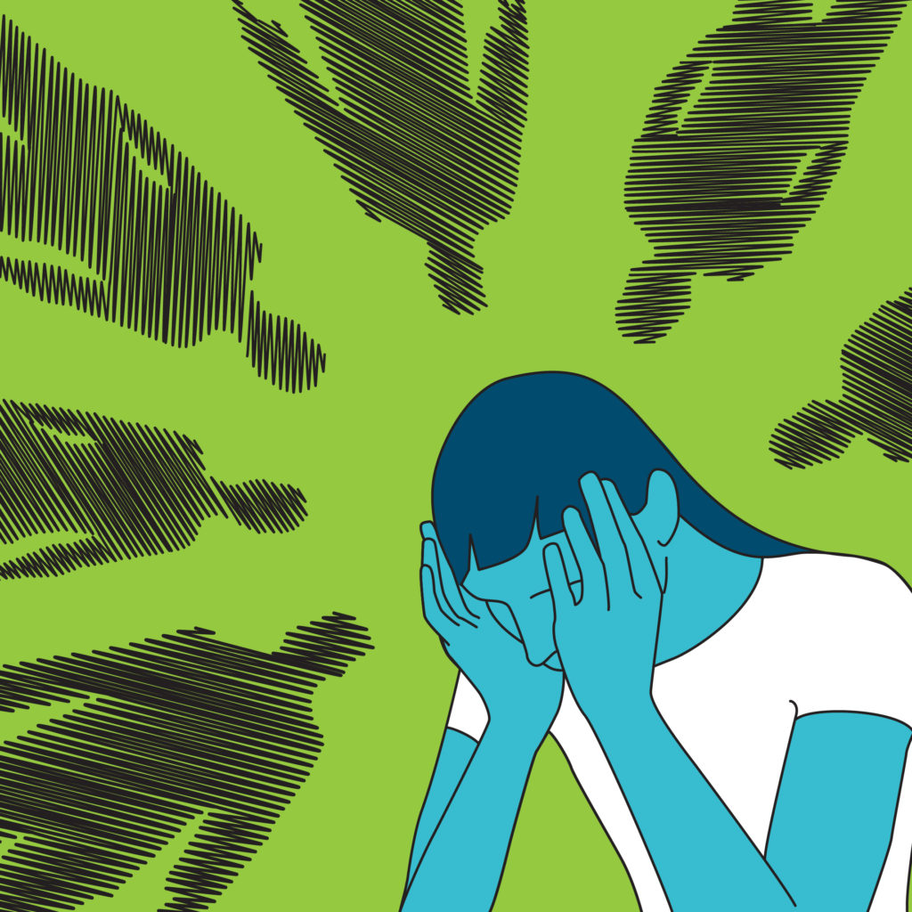 Illustration of a girl with her head in her hands, as shadowy figures surround her.