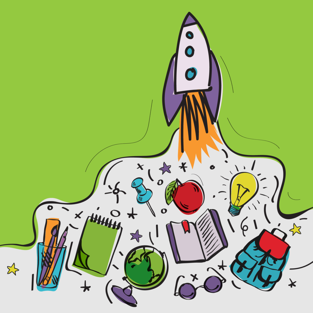 An illustration of a rocket lifting off, with school elements in its wake, like books, a globe and pencils