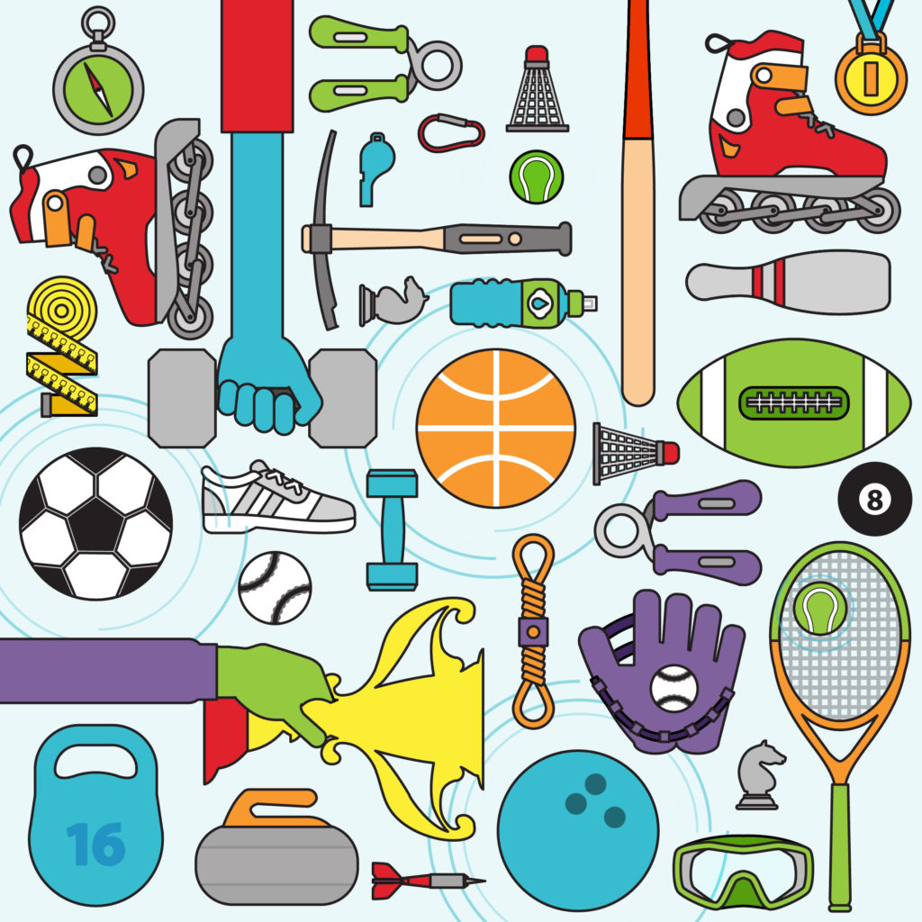 An illustration of lots of sporting equipment